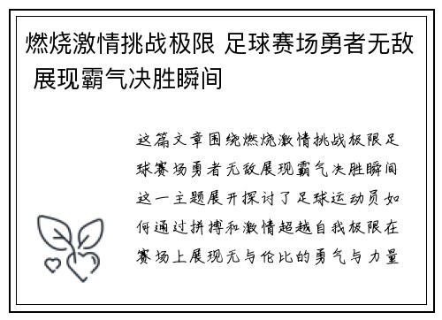 燃烧激情挑战极限 足球赛场勇者无敌 展现霸气决胜瞬间