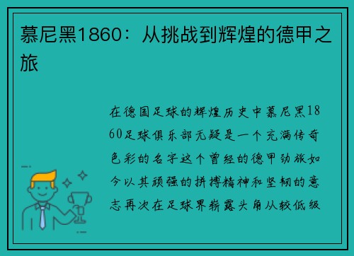 慕尼黑1860：从挑战到辉煌的德甲之旅