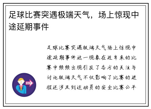 足球比赛突遇极端天气，场上惊现中途延期事件