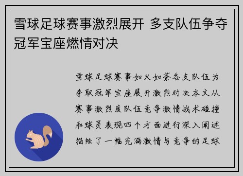 雪球足球赛事激烈展开 多支队伍争夺冠军宝座燃情对决