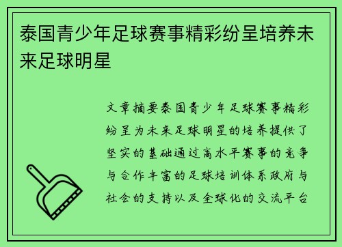 泰国青少年足球赛事精彩纷呈培养未来足球明星