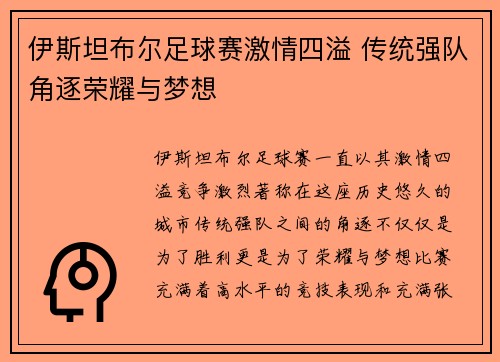 伊斯坦布尔足球赛激情四溢 传统强队角逐荣耀与梦想
