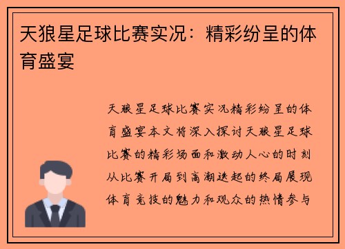 天狼星足球比赛实况：精彩纷呈的体育盛宴