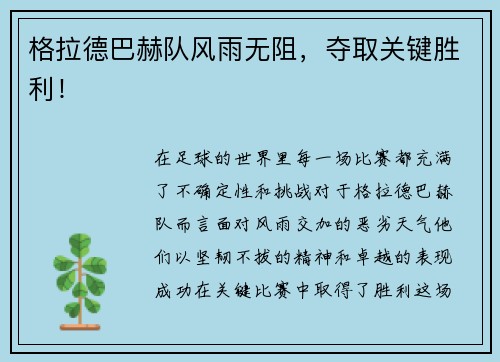 格拉德巴赫队风雨无阻，夺取关键胜利！