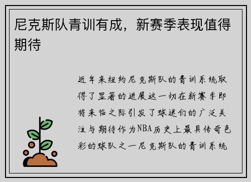 尼克斯队青训有成，新赛季表现值得期待